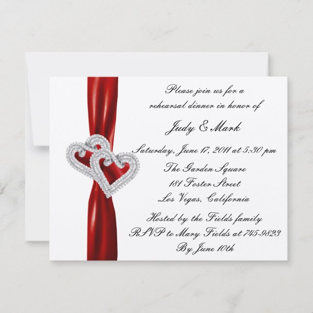 Custom Hearts Red Ribbon Rehearsal Dinner Invite (Front)