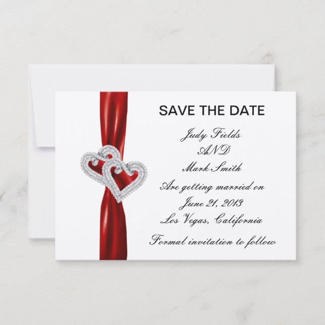 Custom Hearts Red Ribbon Save The Date Card (Front)
