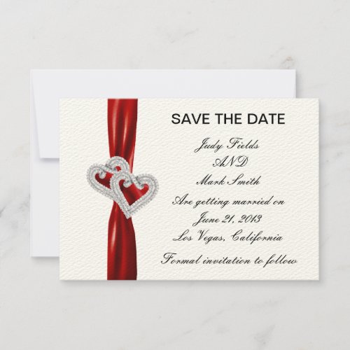 Custom Hearts Red Ribbon Save The Date Card