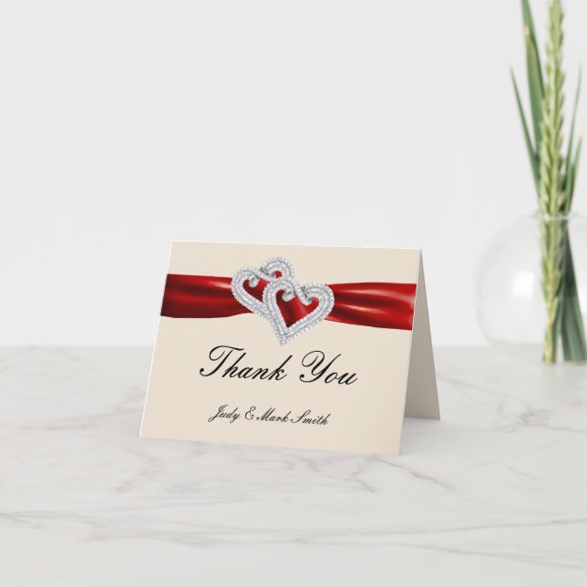 Custom Hearts Red Ribbon Thank You Card (Front)