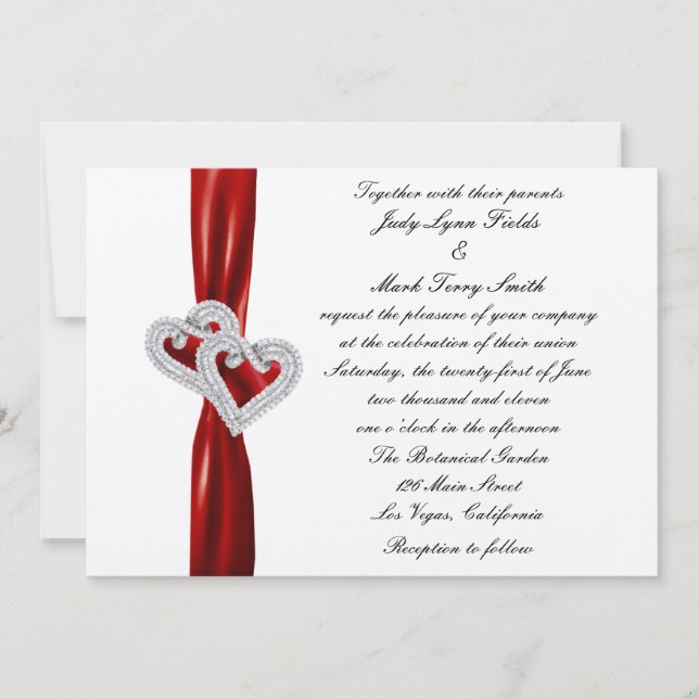 Custom Hearts Red Ribbon Wedding Invitation (Front)