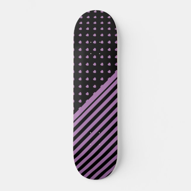 CUSTOM HEARTS & STRIPES BLACK PURPLE PATTERN SKATEBOARD (Front)
