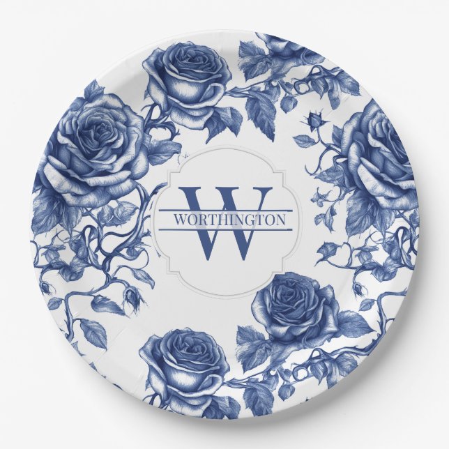 Custom Heirloom Rose Collection Blue Rose Paper Plates (Front)