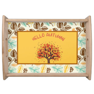 Custom "Hello Autumn" Colorful Fall Leaves Serving Tray