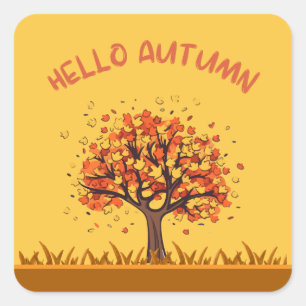 Custom "Hello Autumn" Colorful Fall Leaves Square Sticker