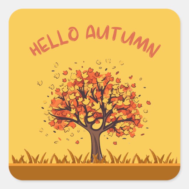 Custom "Hello Autumn" Colorful Fall Leaves Square Sticker (Front)