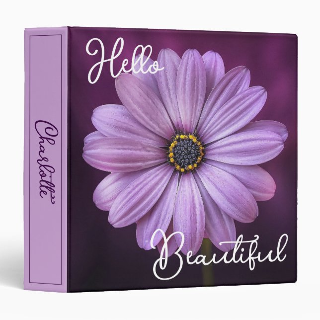 Custom Hello Beautiful Lavender Daisy Flower 3 Ring Binder (Front/Spine)
