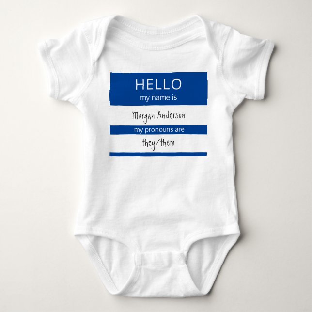 Custom HELLO My Name Pronouns Is Badge Baby Bodysuit (Front)
