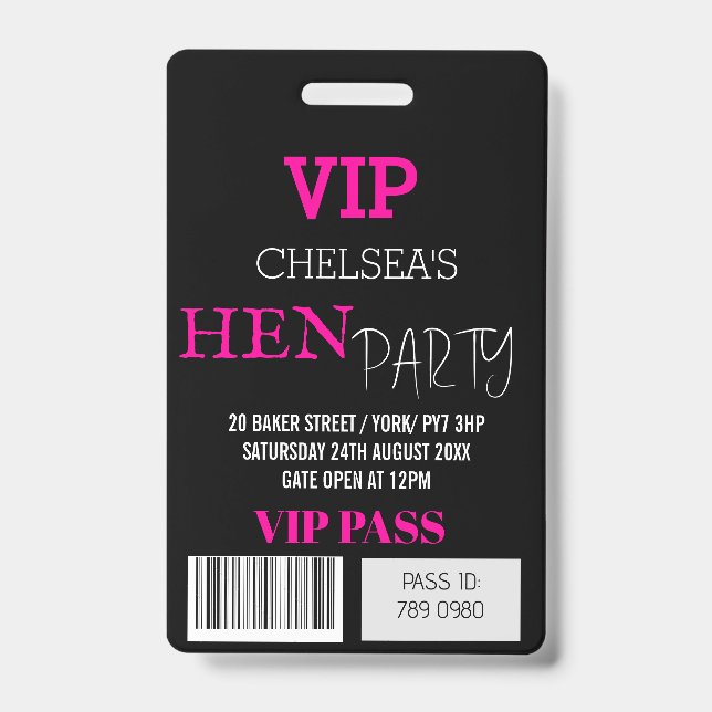 Custom Hen Party Festival Access Pass VIP   Badge (Front)
