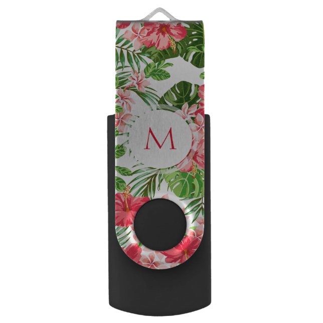 Custom Hibiscus Flower Tropical Monogram USB Flash Drive (Front Vertical)