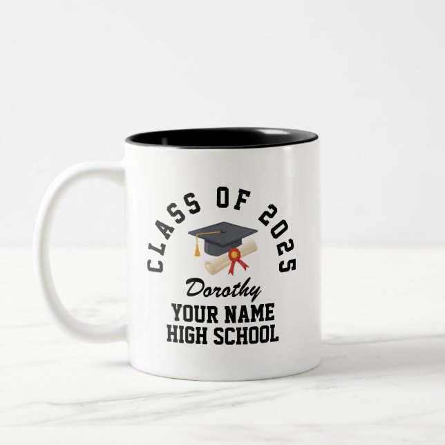 Custom high school graduation party Two-Tone coffee mug (Left)