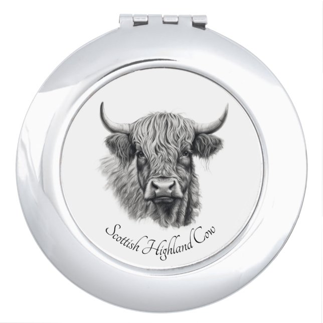 Custom Highland Cow Sketch Art Compact Mirror (Front)