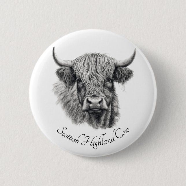 Custom Highland Cow Sketch Art Pin Button (Front)