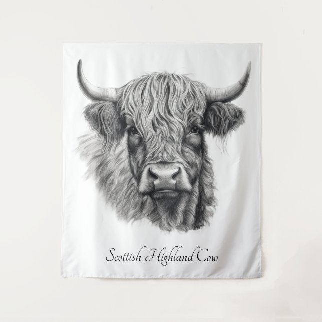 Custom Highland Cow Sketch Art Wall Tapestry (Front)