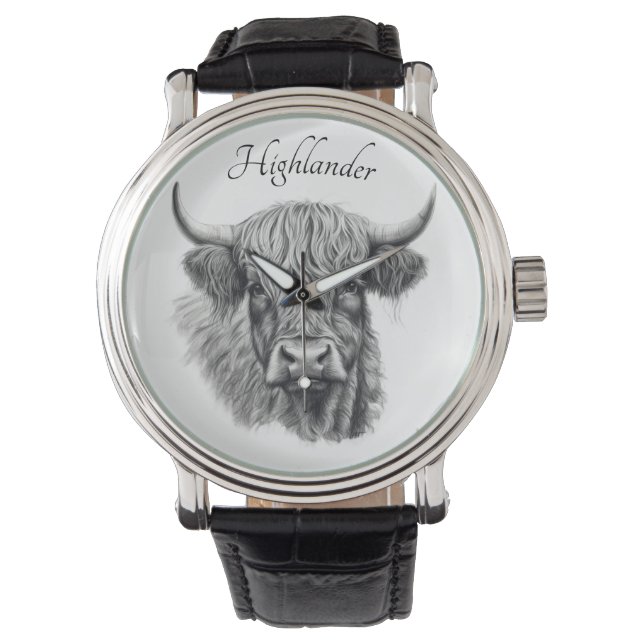 Custom Highland Cow Sketch Men's Wristwatch (Front)