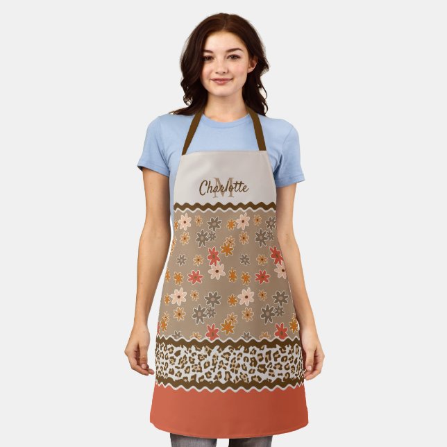 Custom Hip Leopard Spots Retro Floral Pattern Apron (Worn)