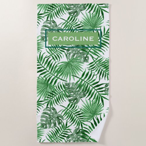 Custom Hip Retro Tropical Green Palm Leafs Pattern Beach Towel