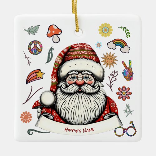 Custom Hippie Style Groovy Christmas Santa  Ceramic Ornament
