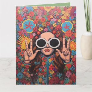 Custom Hipster Bright Floral Finger Peace Sign Card
