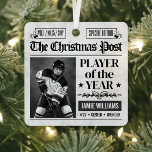 Custom Hockey Christmas Newspaper Photo Metal Ornament