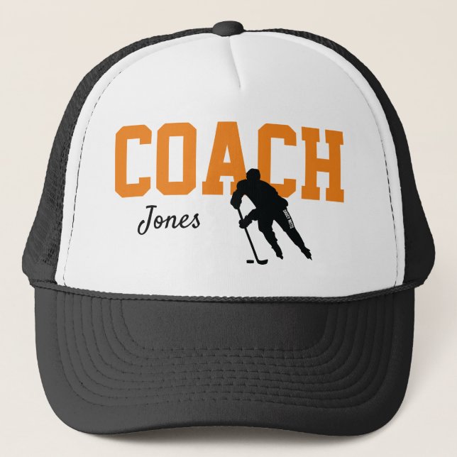 Custom Hockey Coach Name Orange Trucker Hat (Front)
