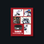 Custom Hockey Photo Collage Team Name Your Text Canvas Print<br><div class="desc">This hockey collage features your 5 photos and your player's name or team name and add a number too. Change the background color to match your team's colors. A great way to celebrate the season and your player's hard work. Makes a thoughtful coach's gift too. Check out our other hockey...</div>