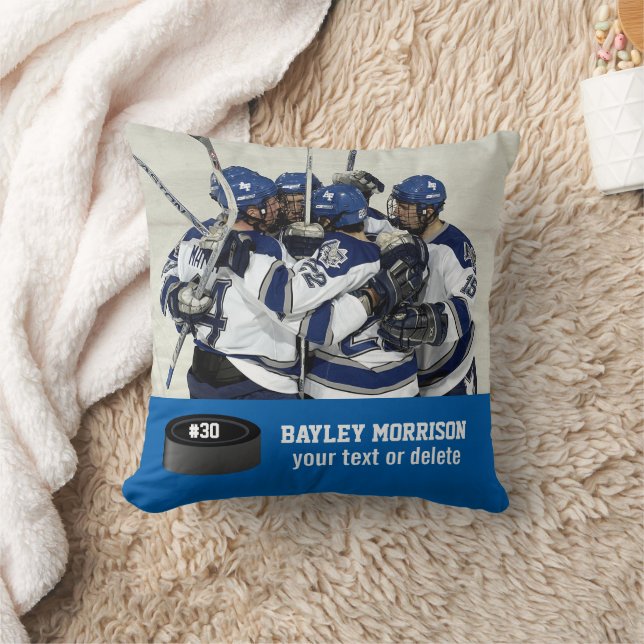 Custom Hockey Photo Player Name, Team & Number Throw Pillow (Blanket)