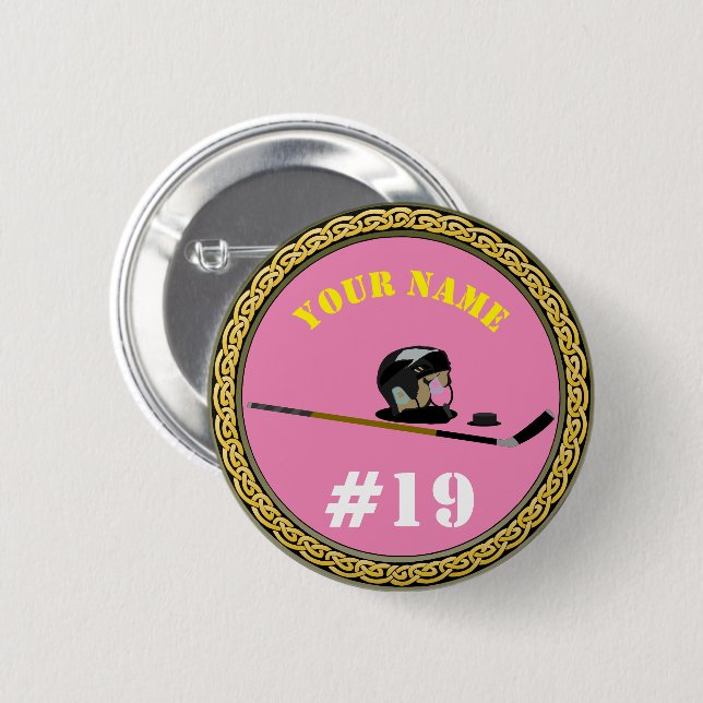 Custom Hockey Player - Add Name & Number - pink Button (Front & Back)