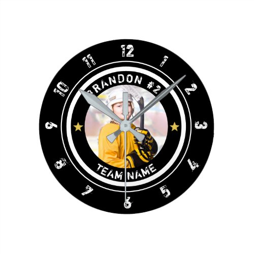 Custom Hockey Player Number Photo Your Color Round Clock - Create a custom personalized photo wall clock of your favorite hockey player (or any sport). The design features a photo, editable text (the sample suggests Player Name, Number and Team Name) in white against your choice of background color (shown in black) you can change to a team color with gold star accents. ASSISTANCE:  For help with design modification or personalization, color change or transferring the design to another product, contact the designer BEFORE ORDERING via the Zazzle Chat MESSAGE tab below or email makeitaboutyoustore@gmail.com.