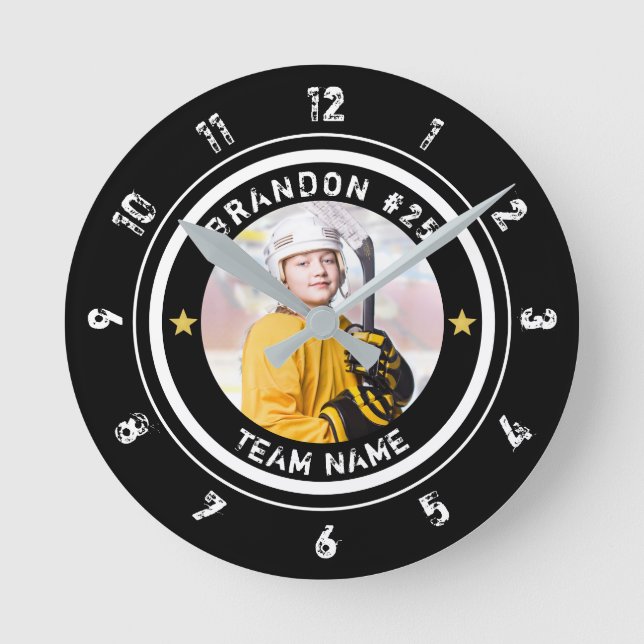 Custom Hockey Player Number Photo Your Color Round Clock (Front)