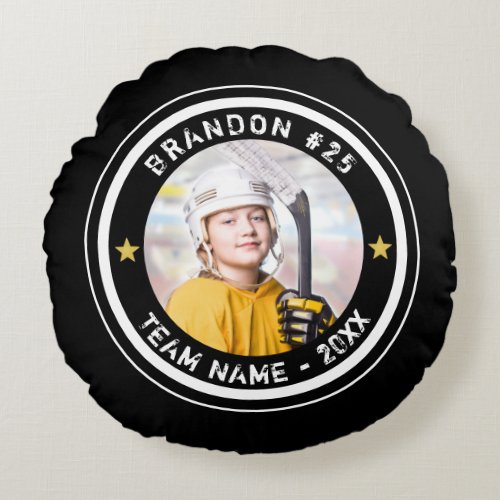 Custom Hockey Player Number Photo Your Color Round Pillow - Create a custom personalized photo keepsake throw pillow of your favorite hockey player (or any sport). The design features a photo, editable text (the sample suggests Player Name and Number and Team Name and Year) in white against your choice of background color (shown in black) to change to a team color with gold star accents. ASSISTANCE:  For help with design modification or personalization, color change or transferring the design to another product, contact the designer BEFORE ORDERING via the Zazzle Chat MESSAGE tab below or email makeitaboutyoustore@gmail.com.