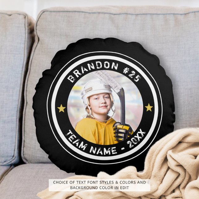 Custom Hockey Player Number Photo Your Color Round Pillow (Creator Uploaded)