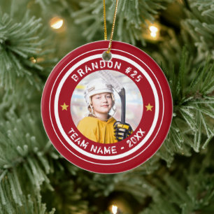 Custom Hockey Player Number Team Photo Your Color Ceramic Ornament