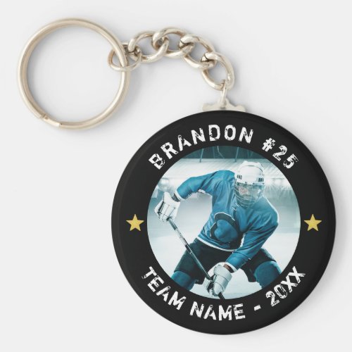 Custom Hockey Player Number Team Photo Your Color Keychain - Create a custom personalized photo keepsake keychain of your favorite hockey player (or any sport). The design features your photo, editable text (the sample suggests Player Name and Number and Team Name and Year) in white against your choice of background color (shown in black) you can change to a team color with gold star accents. ASSISTANCE:  For help with design modification or personalization, color change or transferring the design to another style of ornament or another product, contact the designer BEFORE ORDERING via the Zazzle Chat MESSAGE tab below or email makeitaboutyoustore@gmail.com.