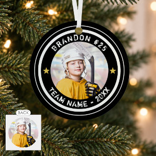 Custom Hockey Player Number Team Photo Your Color Metal Ornament