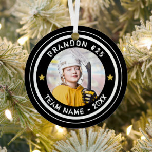 Custom Hockey Player Number Team Photo Your Color Metal Ornament