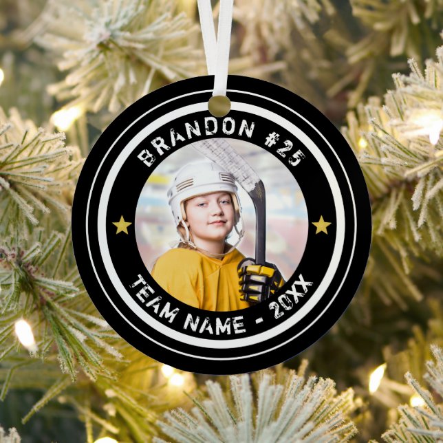 Custom Hockey Player Number Team Photo Your Color Metal Ornament (Insitu)