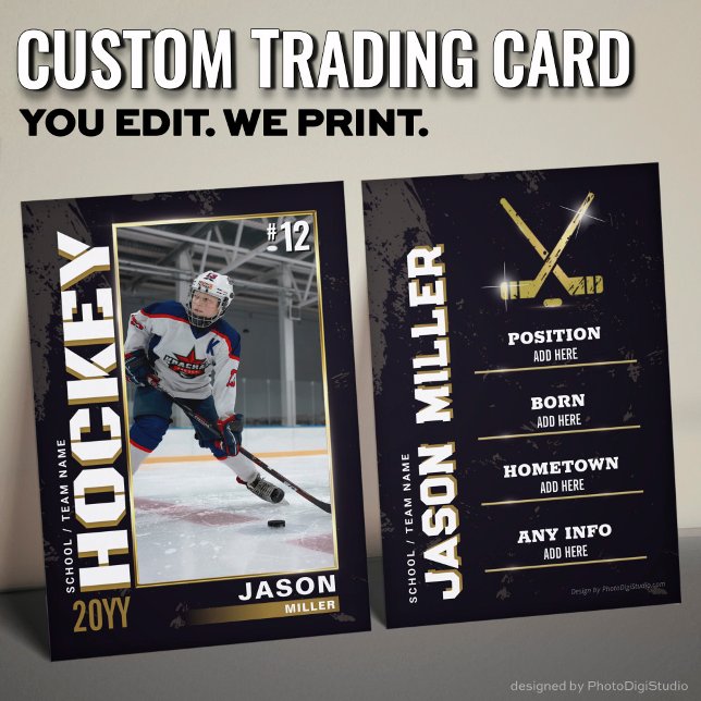 Custom Hockey Trading Card, Gold Hockey Player Calling Card (Hockey Trading Card Hockey Player Card Black Gold)