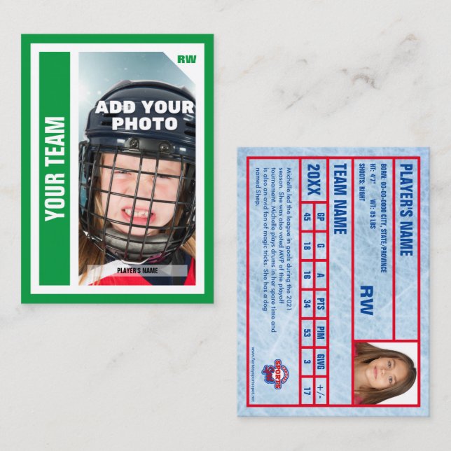 Custom Hockey Trading Card (Green) Add Your Stats (Front/Back)