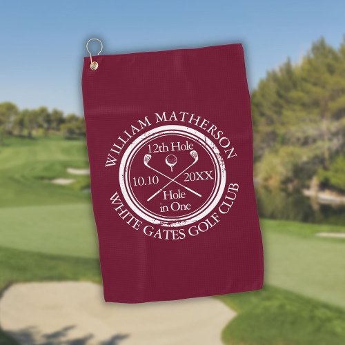 Custom Hole in One Modern Burgundy Golf Towel