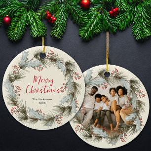 Custom Holiday Keepsake with Wreath Family Photo Ceramic Ornament