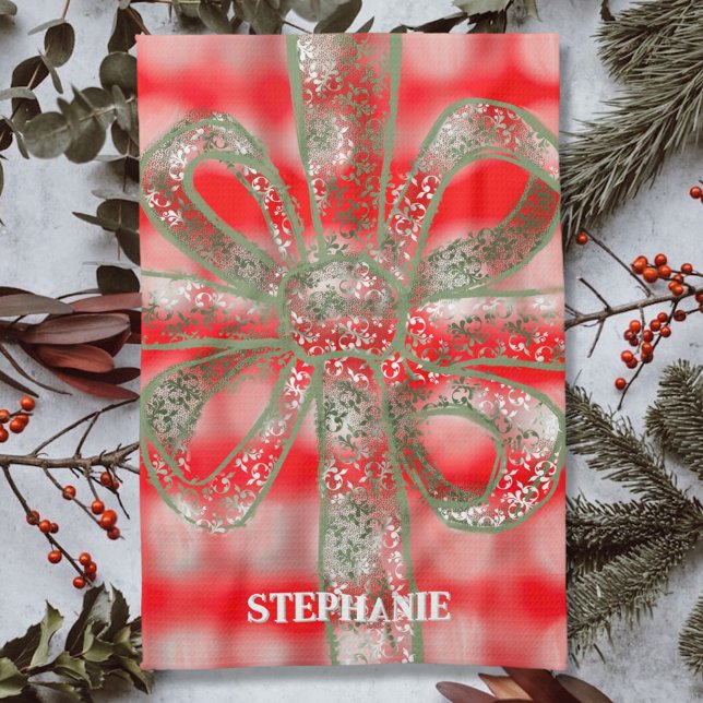 Custom holiday name plaid red white green bow cute kitchen towel (Creator Uploaded)