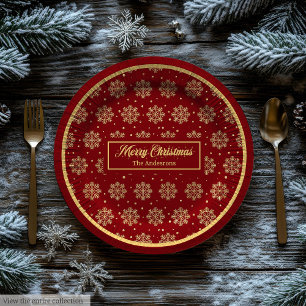 Custom Holiday Paper Plates Red Gold Monogram