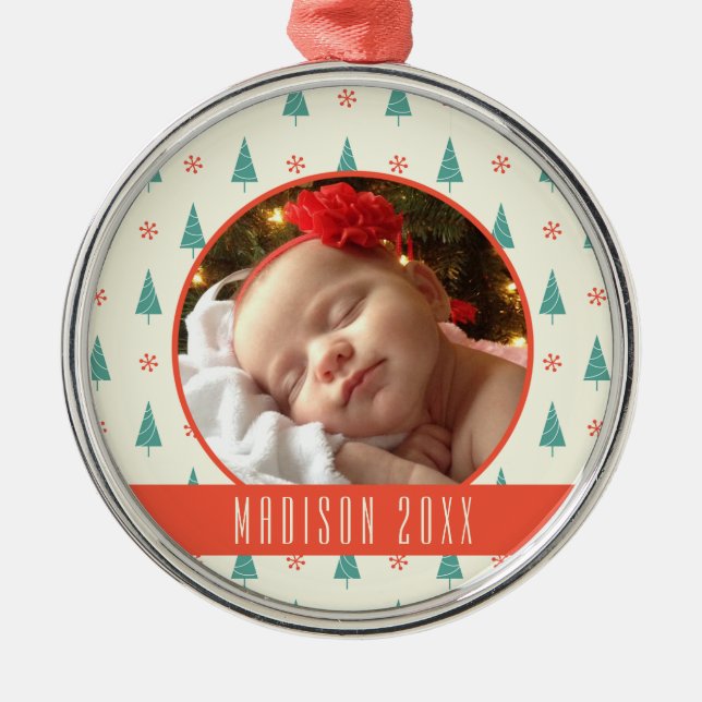 Custom Holiday Photo | Christmas Tree & Snowflakes Metal Ornament (Front)