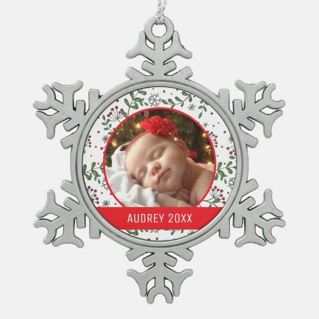 Custom Holiday Photo | Mistletoe Pattern Snowflake Pewter Christmas Ornament (Front)