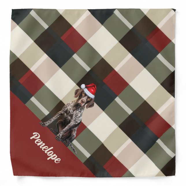 Custom Holiday Plaid GSP Pointer Dog Christmas Bandana (Front)