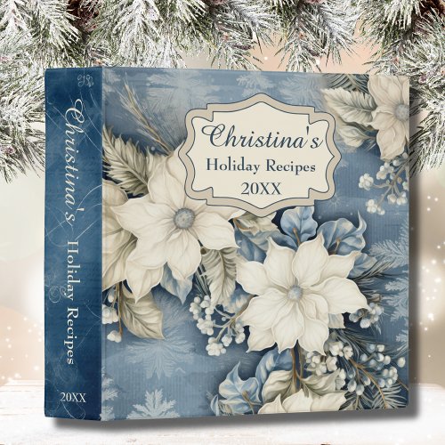 Custom Holiday Recipe Cookbook Floral Vintage Blue 3 Ring Binder