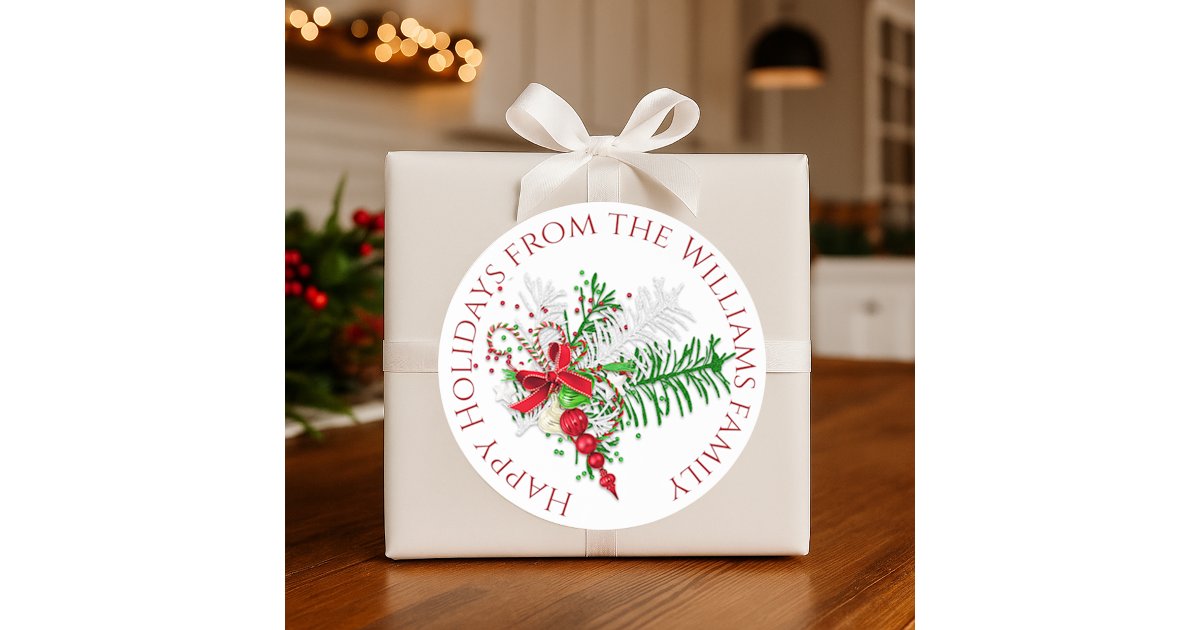 Custom Holiday Red White Candy Cane Green Foliage Classic Round Sticker ...