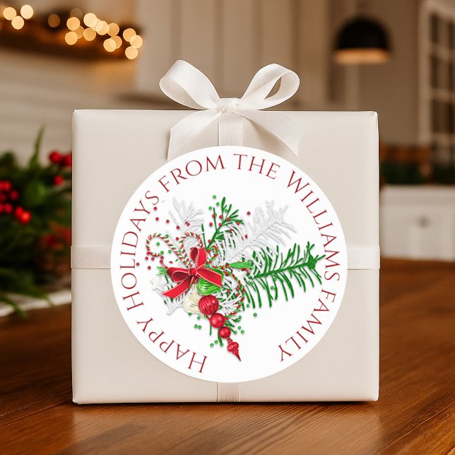 Custom Holiday Red White Candy Cane Green Foliage Classic Round Sticker (Creator Uploaded)