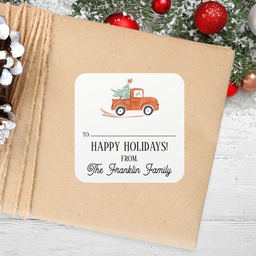 Custom Holiday Vintage Red Truck and Tree Square Sticker